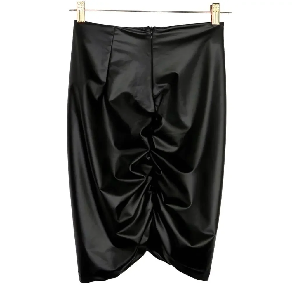 Shein Black Faux Leather Mini Skirt Ribbed Ruched Body Con Skirt XS